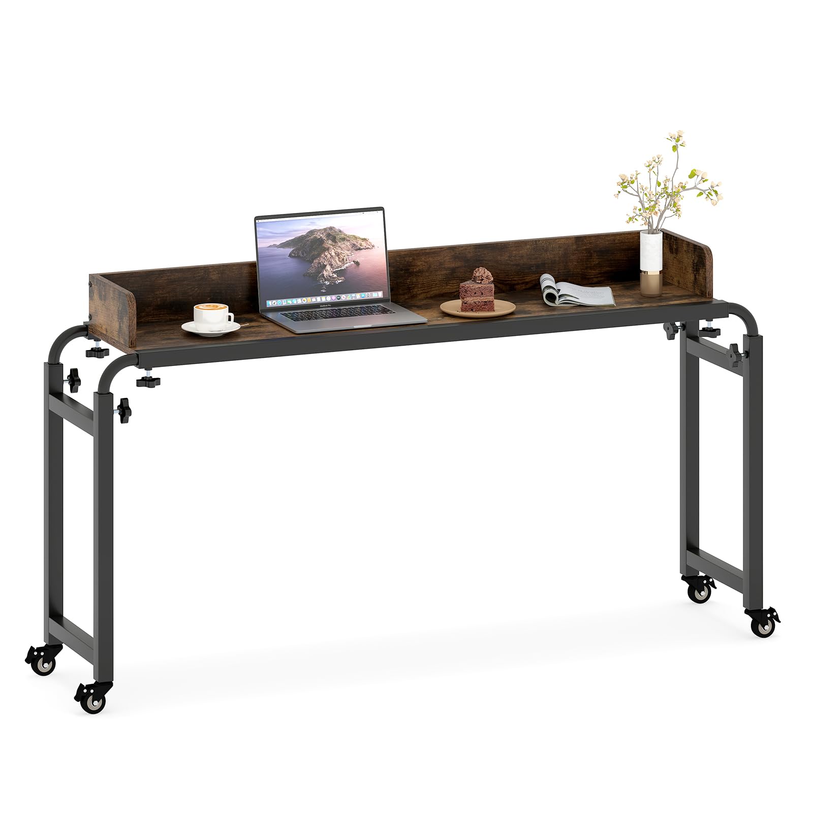 GIANTEX Mesa de Sobrecama con 4 Ruedas, Escritorio Auxiliar con Altura y Ancho Ajustables, Tablero con Borde Anticaído, Estilo Industrial, Mesa Bandeja para Dormitorio, Salón