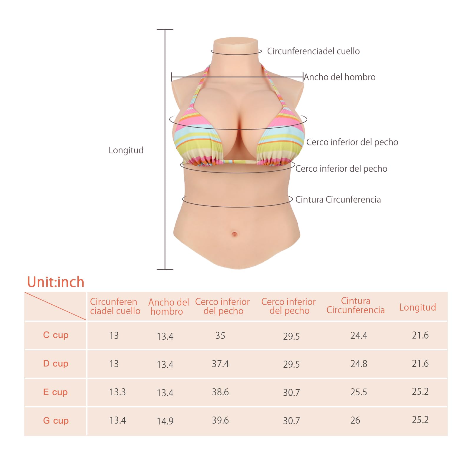 CYOMI Pechos de Silicona Pecho de Formas Travestis Tetasde Silicona Realistas Diseño de Cuello Alto Hasta la Mitad del Cuerpo Aplicable a Crossdresser Drag Queen Cosplay Mastectomía C-G Copas