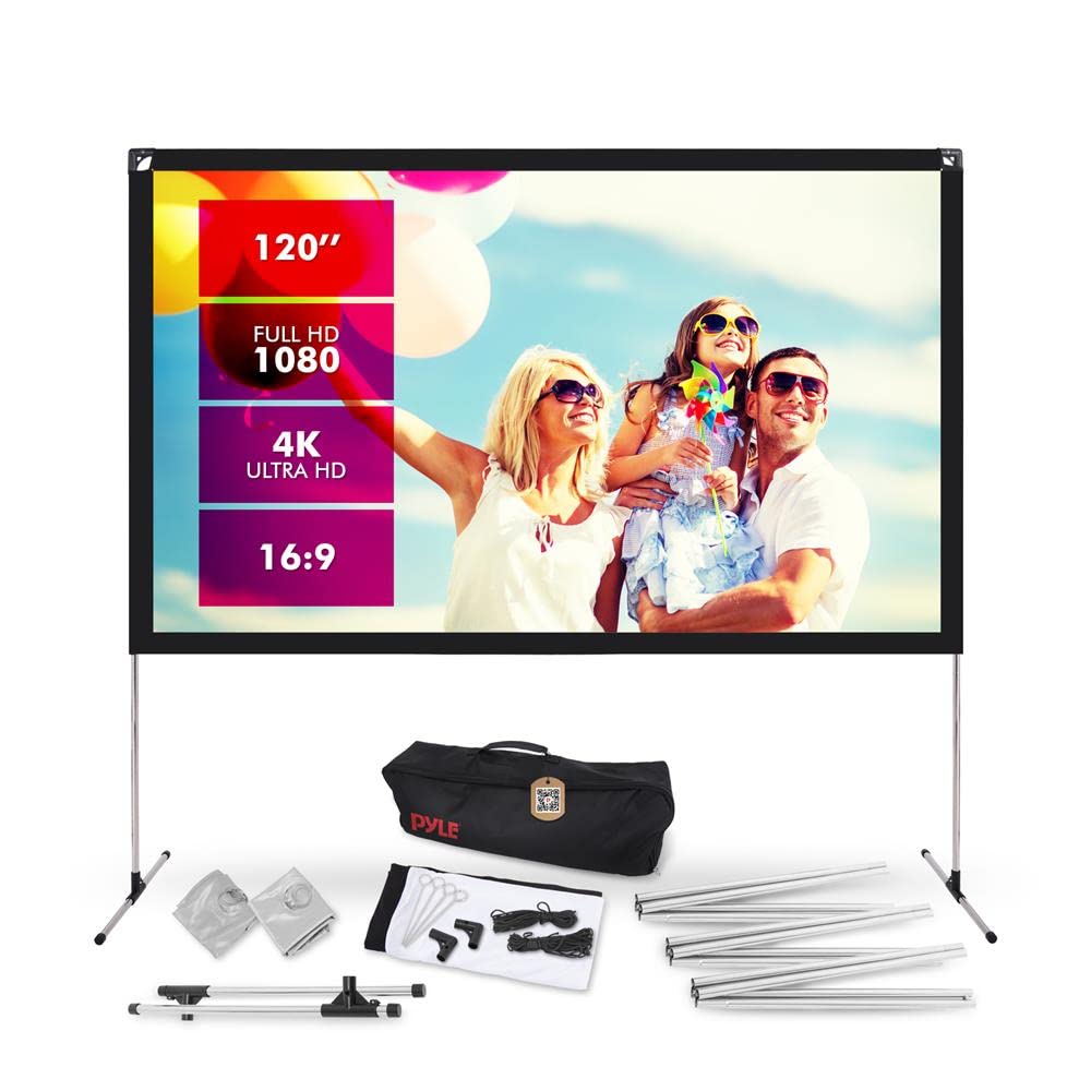 Pyle Ekran Projekcyjny ze Stojakiem – 120" 16:9 HD 4K, Przenośny, Lekki, Wolnostojący, Składany Ekran Projekcyjny do Użytku Wewnętrznego i Zewnętrznego z Ramą do Kina Domowego