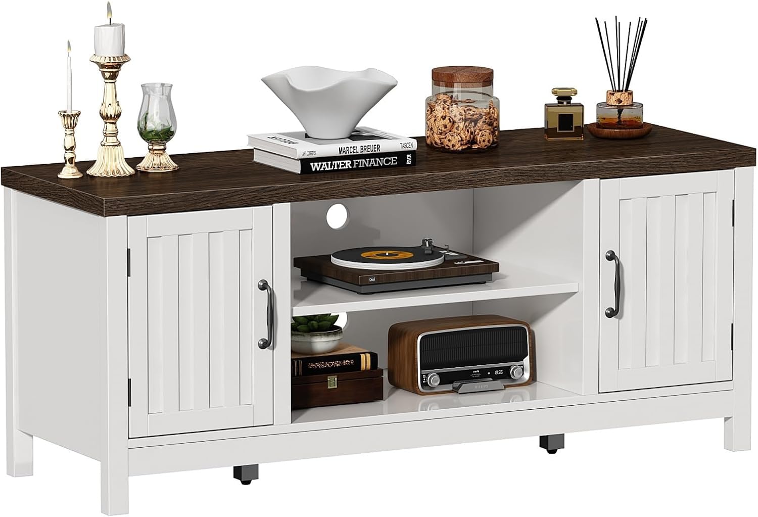 ChooChoo Farmhouse TV Stand, Wood Fluted Door Entertainment Center with Storage Cabinets and Open Shelves, Rustic Media Console up to 55 inches for Living Room, Bedroom, White - Image 7