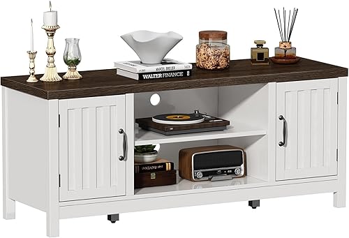 Miniatura 7 de ChooChoo Soporte de TV estilo granja, centro de entretenimiento de madera con puerta acanalada con gabinetes de almacenamiento y estantes abiertos