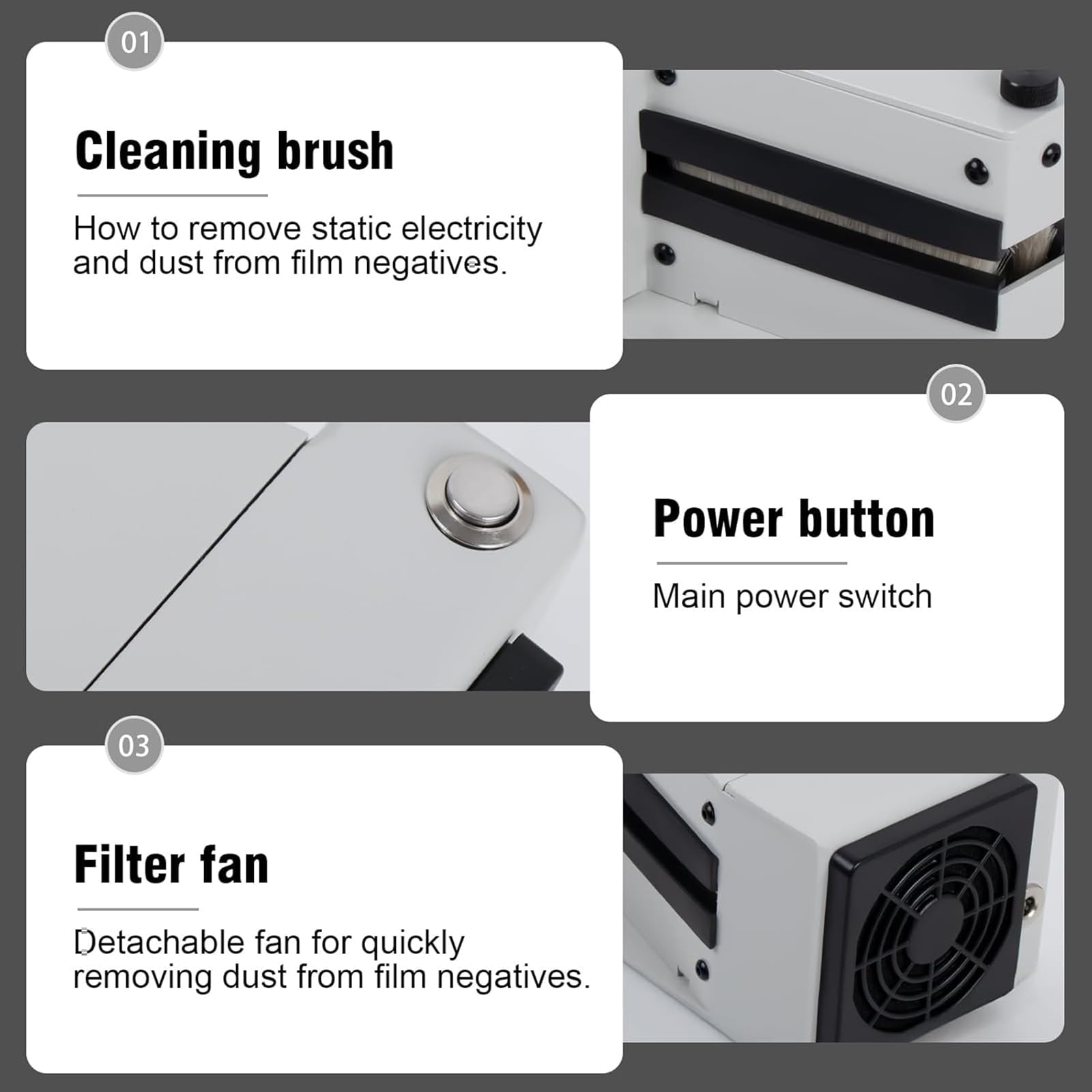 Removedor de polvo eléctrico, cepillo de limpieza antiestático para negativos de 135/120/4x5, presión ajustable con ventilador de filtro, equipo de limpieza de cuartos oscuros