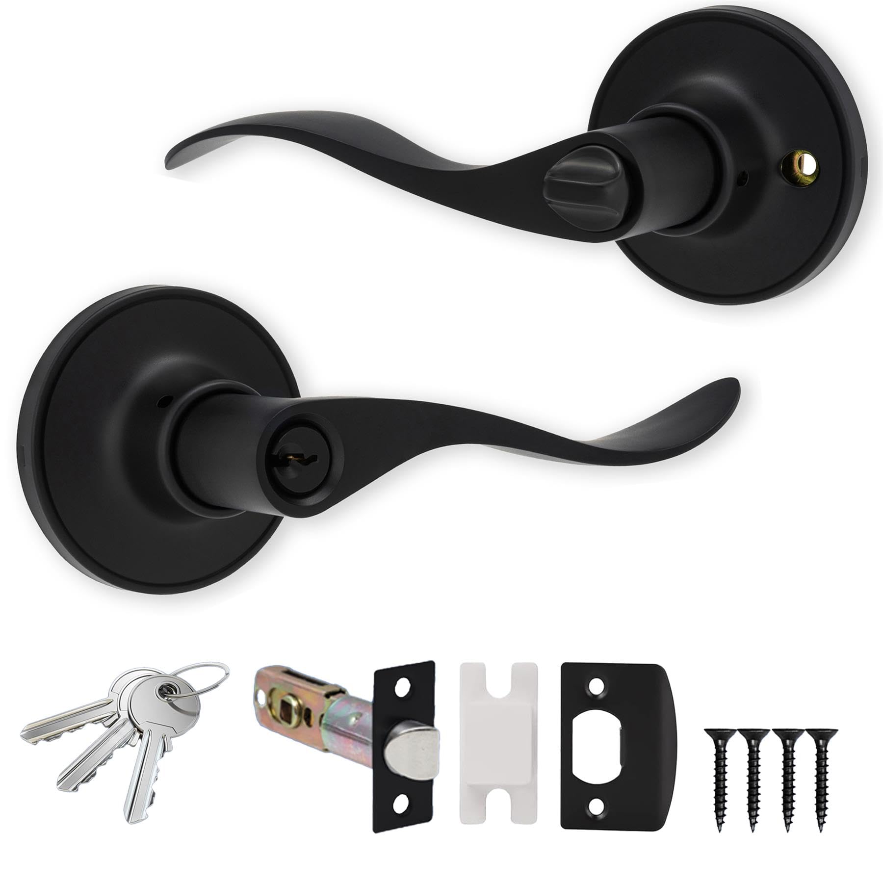 Xfort Matt Black Cabriole Entrance Knob Set Door Knob With Lock For Internal Wooden Doors, Complete Set With Tubular Latch And 3 Keys