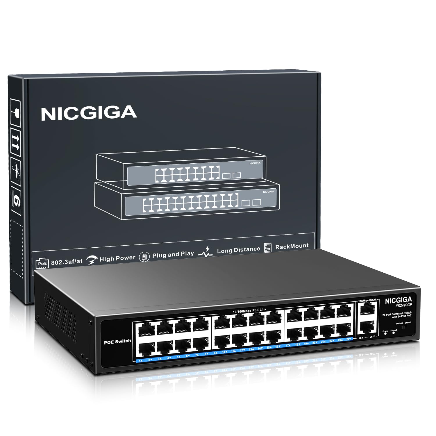 24 Port PoE Switch Unmanaged, 24 Port PoE+@400W, 2 Gigabit