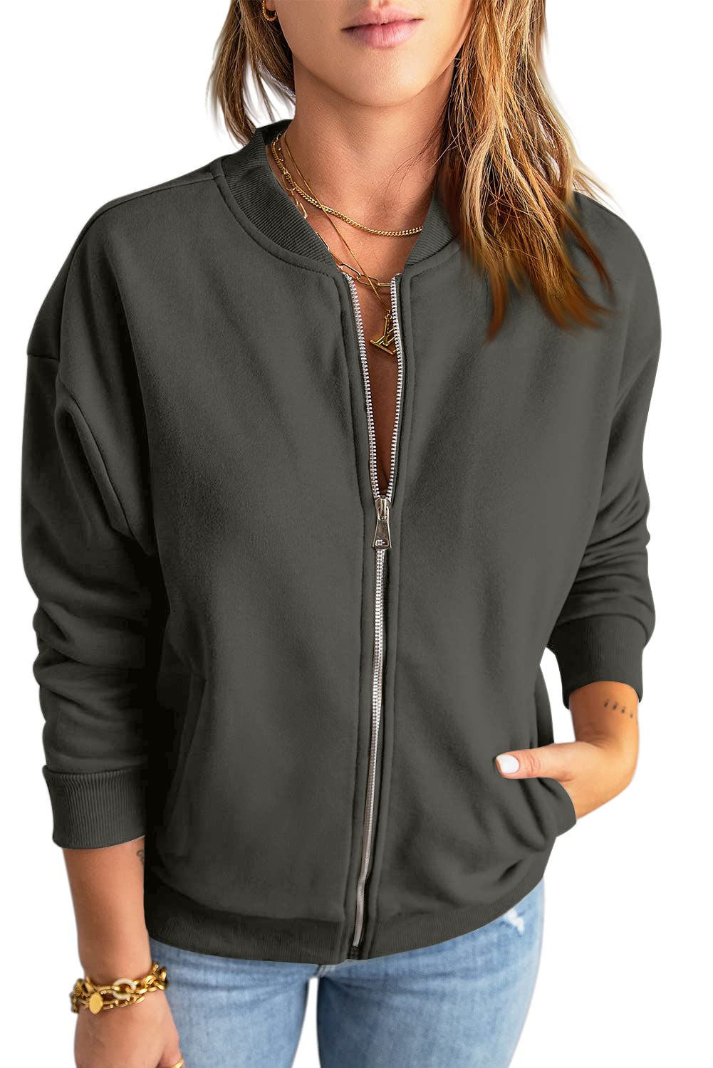 GeGekoko Zip Sweatshirt Damen übergroße Jacket Sweatshirt Einfarbige Loose Langarm Tops Oberteile mit Tasche