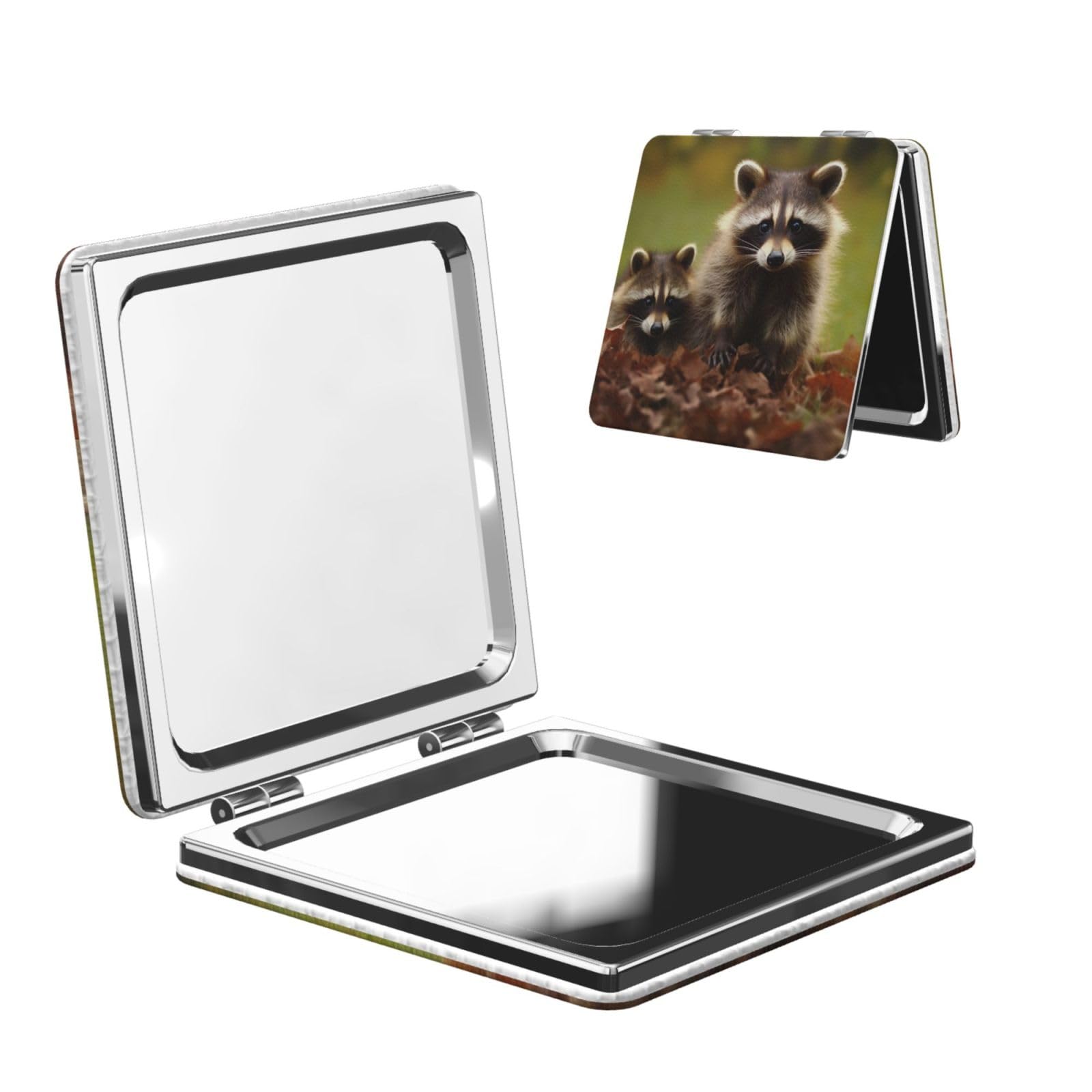 DWVTSLH Raccoon Compact Mirror for Purse, Double-Sided 2X/1X Magnifying Mirror for Women Men, Travel Makeup Mirror for Handbag, Handheld Vanity Mirror for Gift