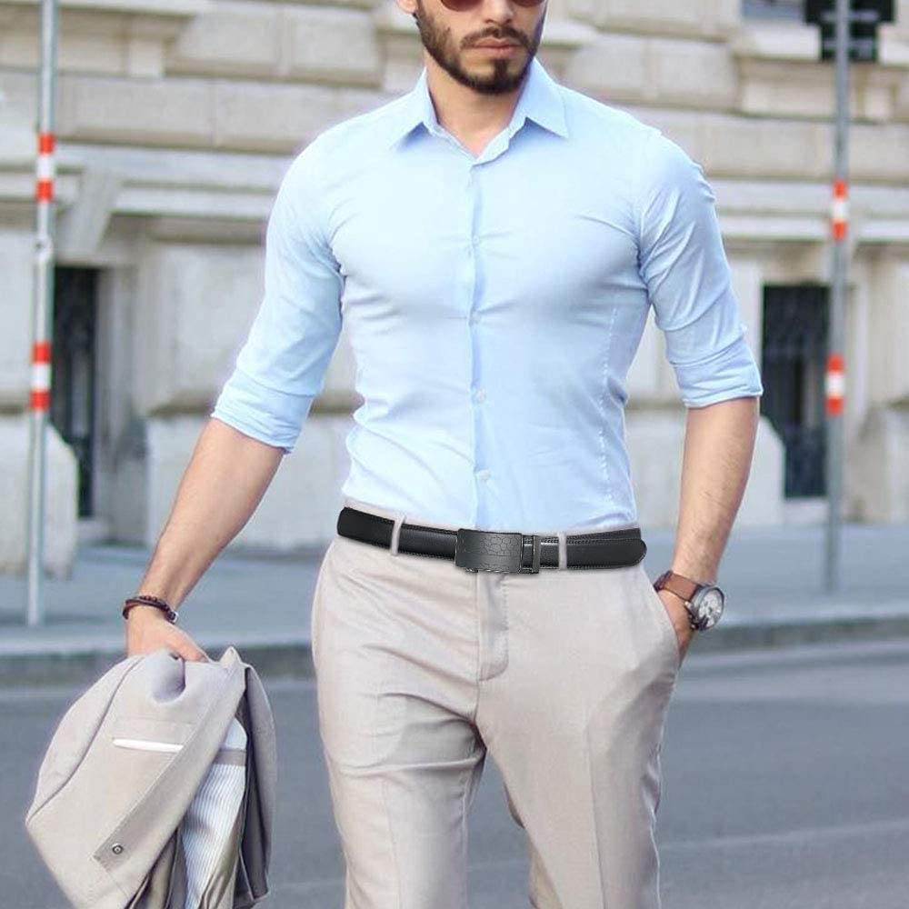 flintronic ® Cintura da Uomo in Pelle con Fibbia Automatica, Moda Cintura a Cricchetto 3.5cm * 130cm, con Portachiavi e Confezione Regalo