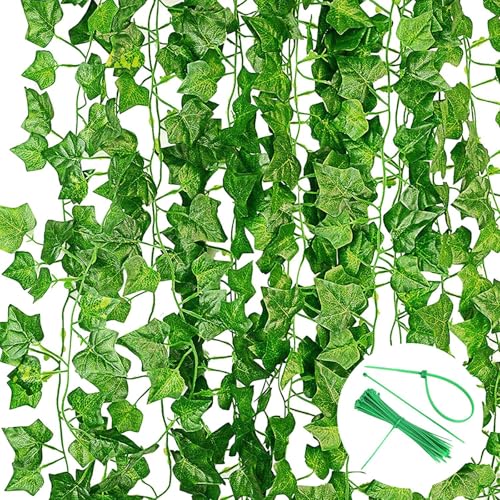 Kiperline 12 Stück Künstlicher Efeu Grün mit Nylon Kabelbinder Pflanzen Efeu Künstlich Girlande für Garten Hochzeit Party Wanddekoration - 2.2m