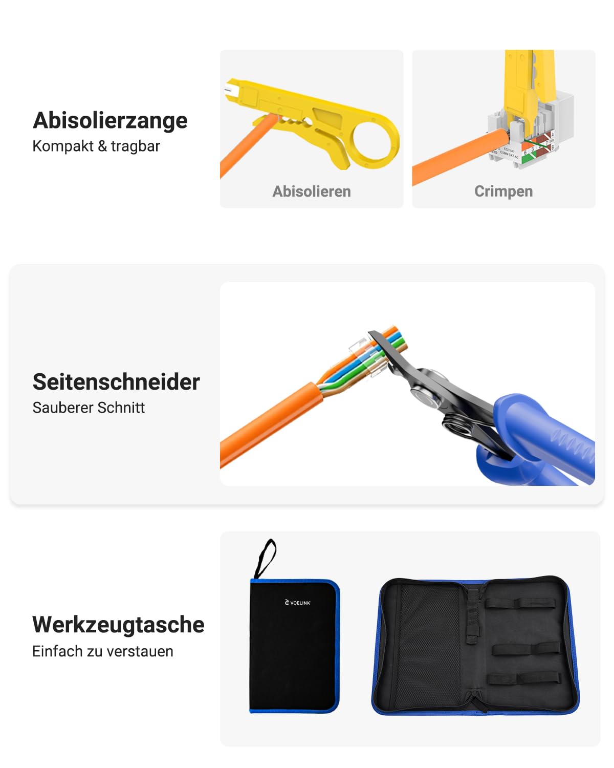VCELINK Set di strumenti di rete, pinza crimpatrice RJ45 con 10 connettori RJ45 placcati in oro Cat7 Pass Through, tester di rete, pinza spelafili, installazione di rete professionale, strumenti di