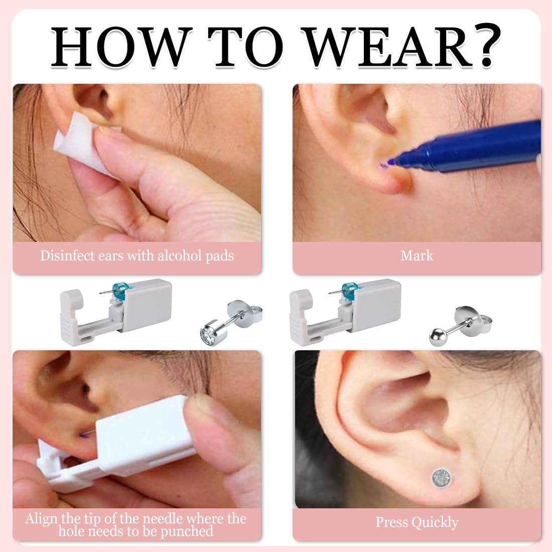 Pistola Piercing Desechables Perforar Orejas Acero Inoxidable Sin Dolor Seguro Estéril 10 Piezas