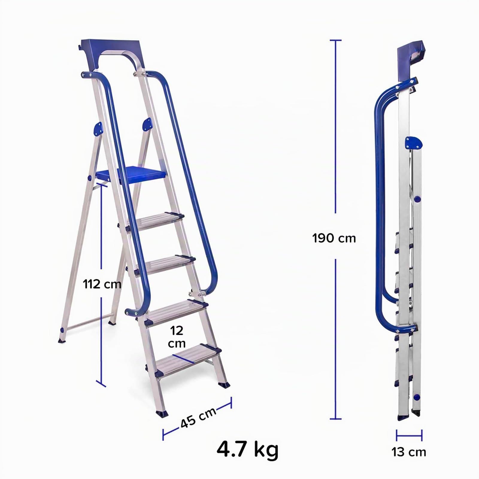 HOSTRÖM Escalera de Tijera de 5 peldaños Secure Pro, Aluminio Reforzado, Segura con barandillas, Bandeja portaherramientas, Altura de Plataforma 112 cm, garantía de 5 años