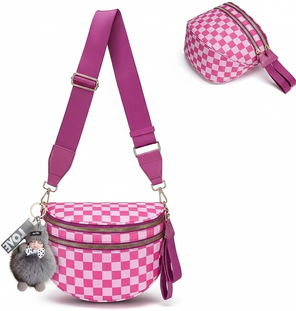 Crossbody bags for women,Checkered crossbody bag,Checkered Bum bag,Large Pockets Sling Casual Travel Outdoor (NeonRose)
