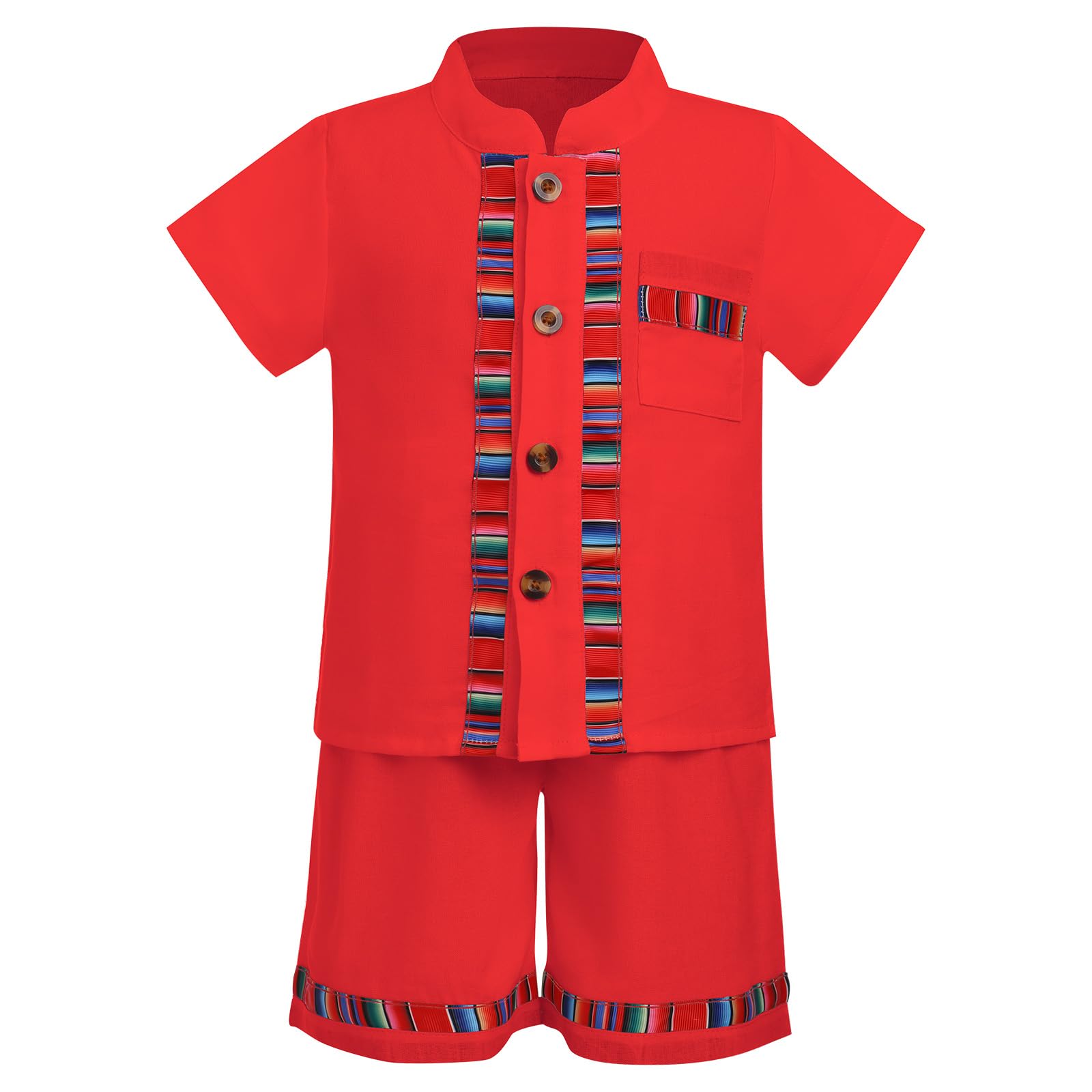 AWIBMK Baby Boys Mexican Outfit Short Sleeve Button Down Embroidery Colorful Detail Guayabera Shirt and Shorts Toddler Kids Traditional Ethnic Wear Cinco De Mayo Fiesta 2 Pieces Clothes
