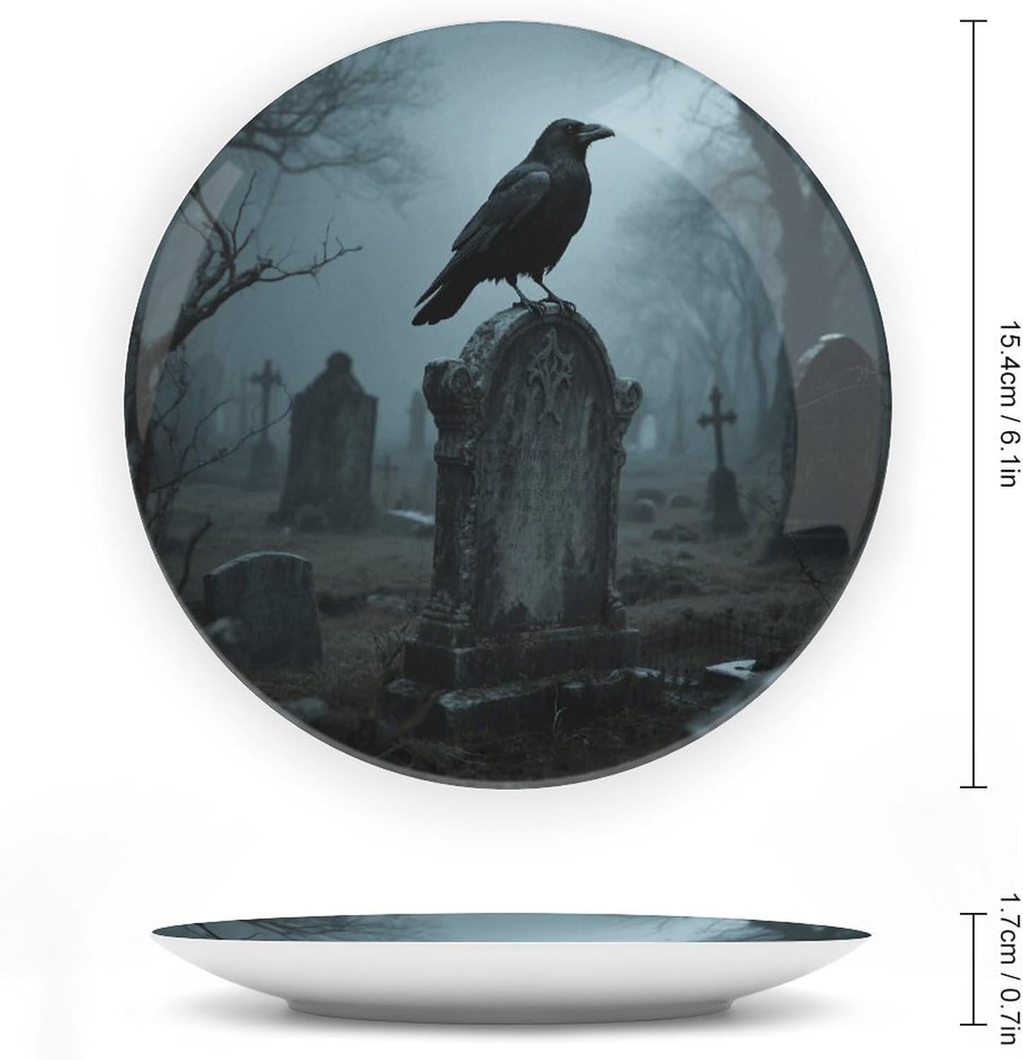 Black Crow on Tombstone Bone China Decorative Plate Vintage Ceramic Art Plate with Display Stand Personalized Ornament Dessert Plates for Home Wall Decor Wedding Gift 6inch image 2