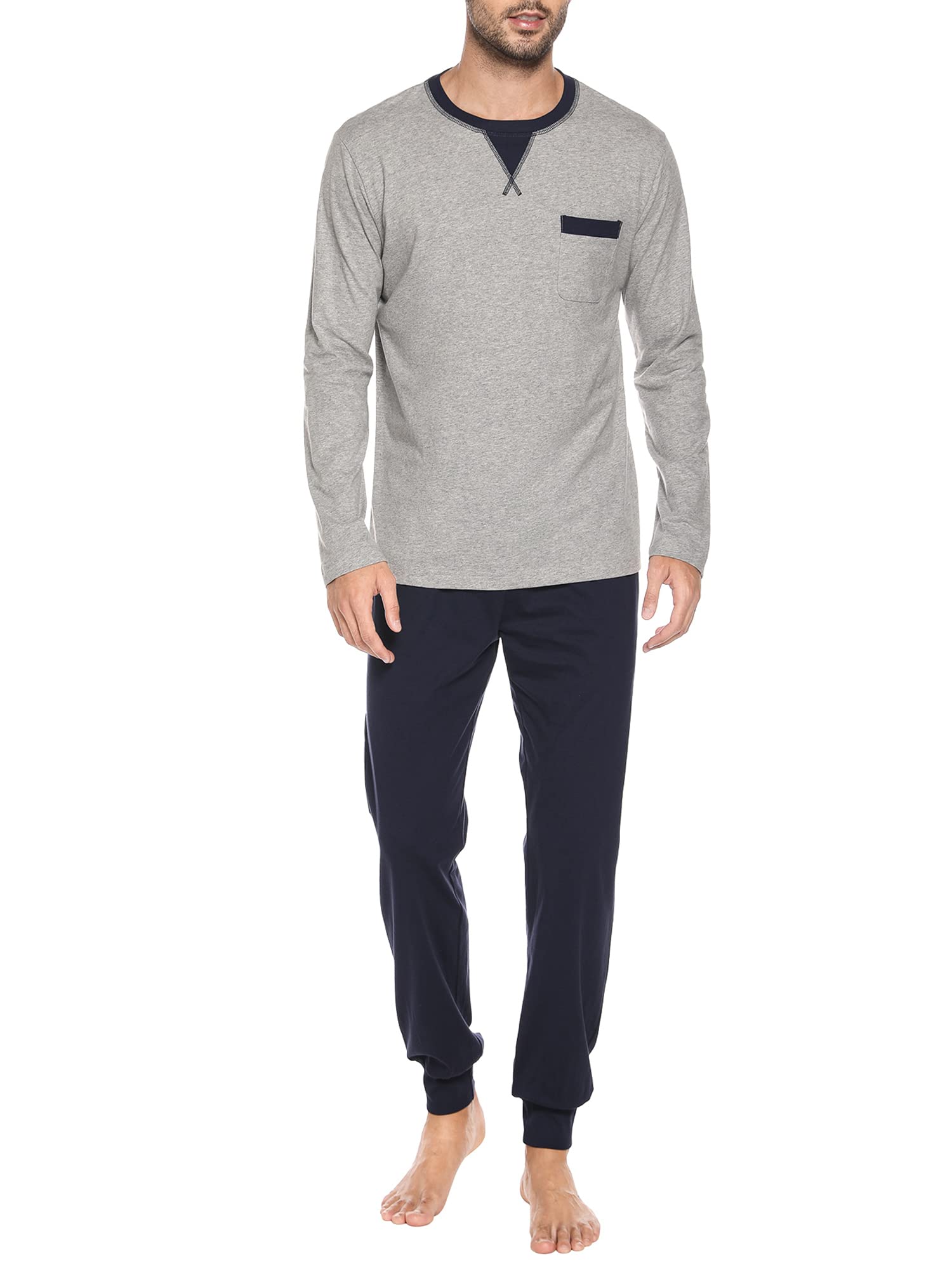 Winovia Herren Schlafanzug Langarm Baumwolle – Pyjama Set mit Rundhals & Bündchen – Bequemer Zweiteiler Loungewear Hausanzug Nachtwäsche mit Kontrastdetails