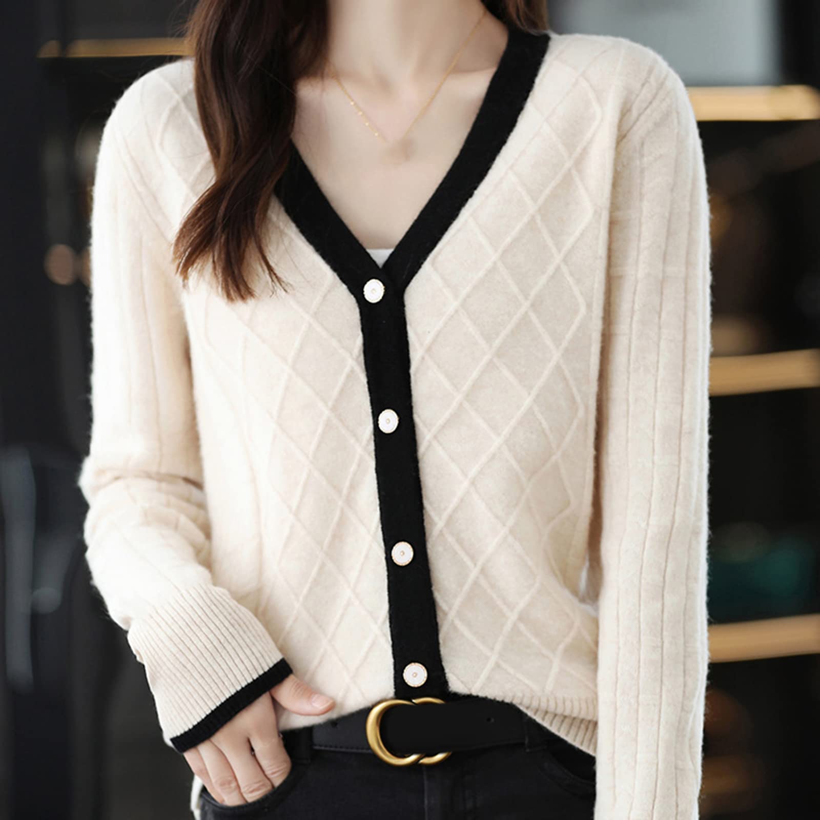 Suéter de Punto para Mujer, Cárdigan 100% de Lana y Cachemira Color sólido Cuello en V Suéter Casual de Punto Otoño e Invierno Sudadera Suelta de Manga Larga Gruesa Top Acanalado Suave y Ligero,Verd