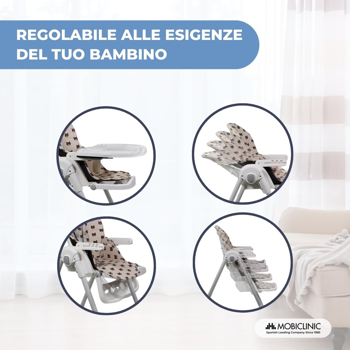 Mobiclinic® kids, Seggiolone per bambini, Evolutiva, Pieghevole, Trasformabile in, Simba, Imbracatura a 5 punti, Ruote con freno, Doppio vassoio estraibile, Tessuto lavabile, Regolabile
