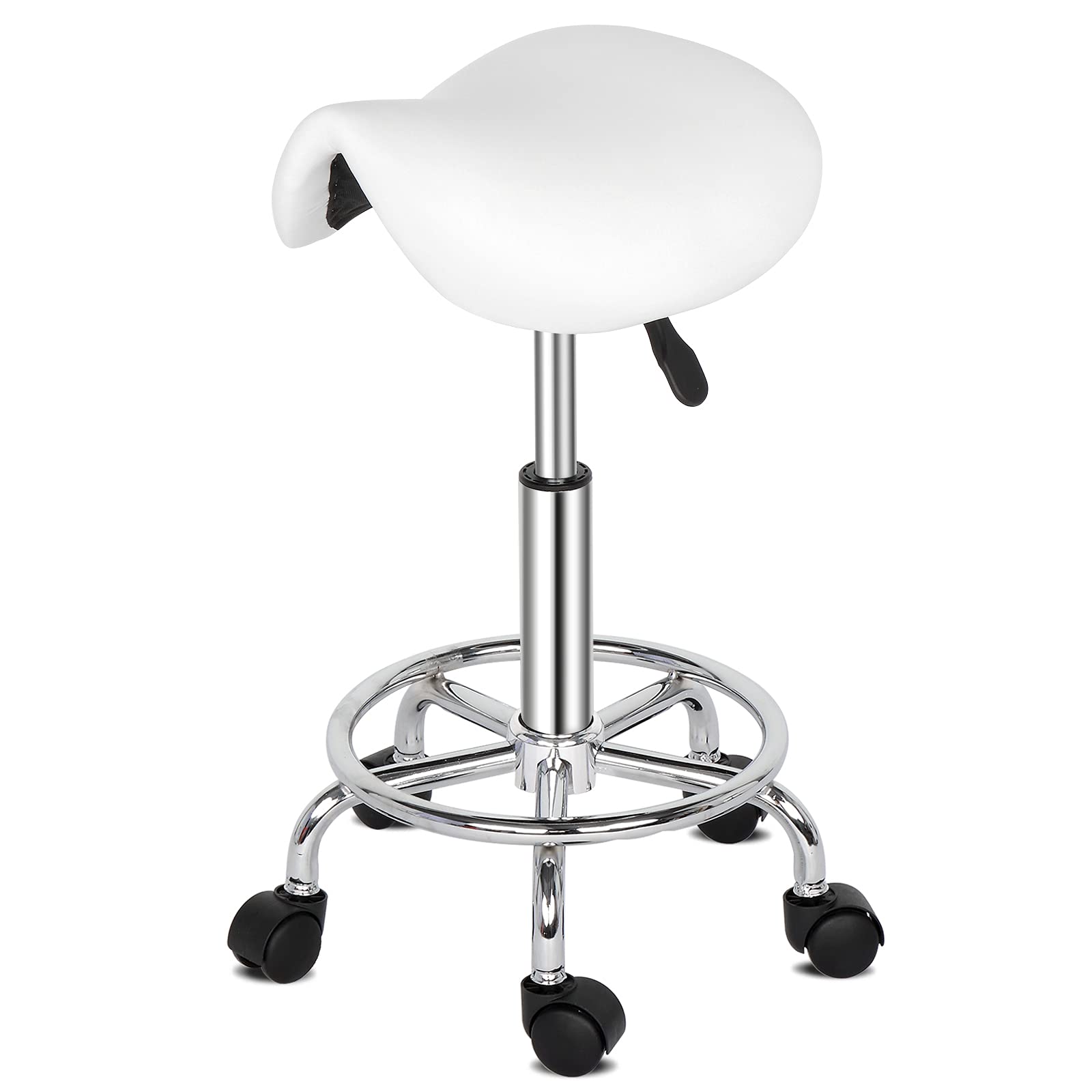 Bonnlo Ergonómico Taburete con Ruedas de Montar, Taburete Regulable Altura 51-65 cm, Taburete Giratorio con Ruedas 360° para Salones de Belleza, Spas y Oficinas Blanco (Blanco)