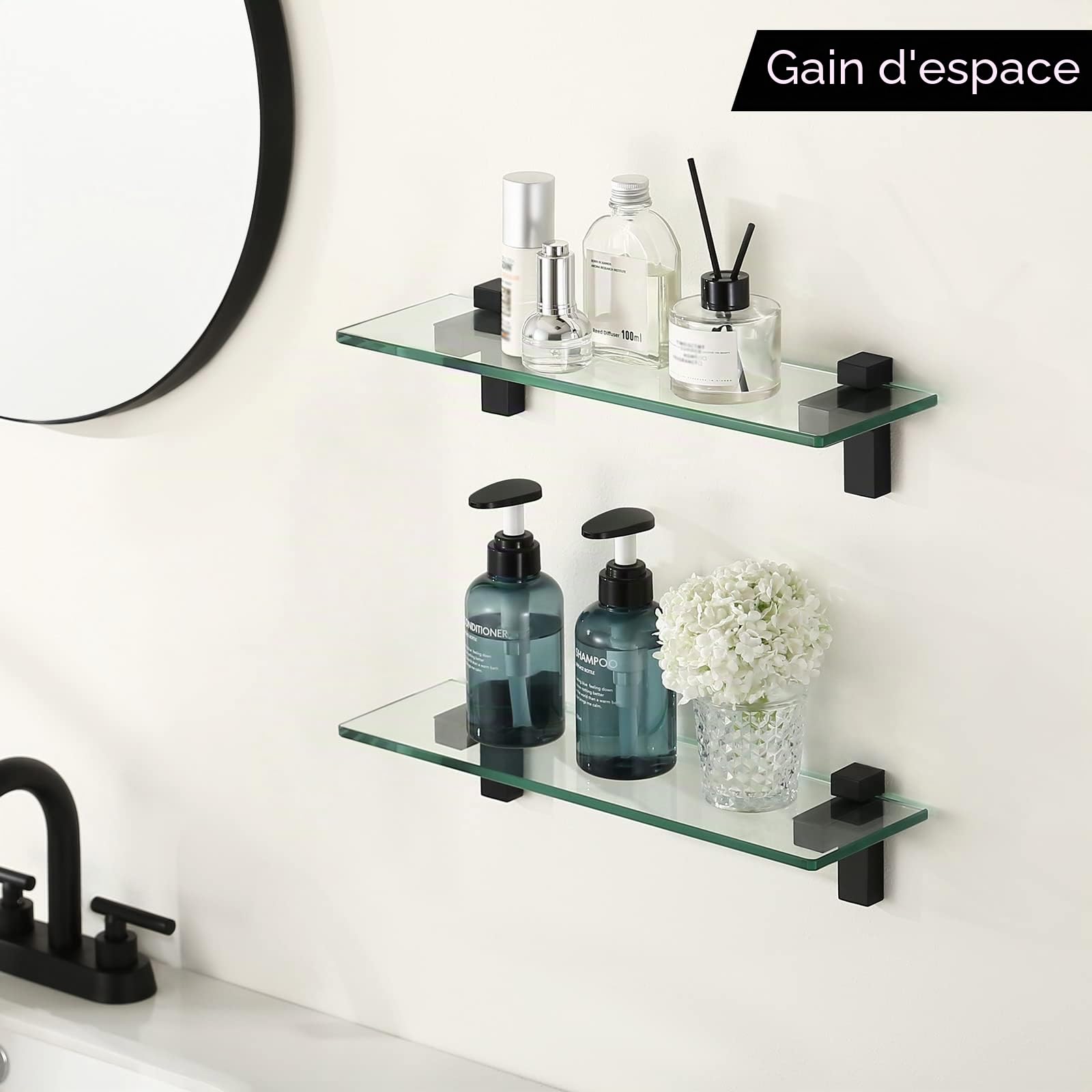 KES Etagere en Verre Noir Etagere Salle de Bain 40CM, 2 Pièces Étagère en Verre Trempé 8mm Tablette Verre Étagères Murale, BGS3201S40-BK-P2