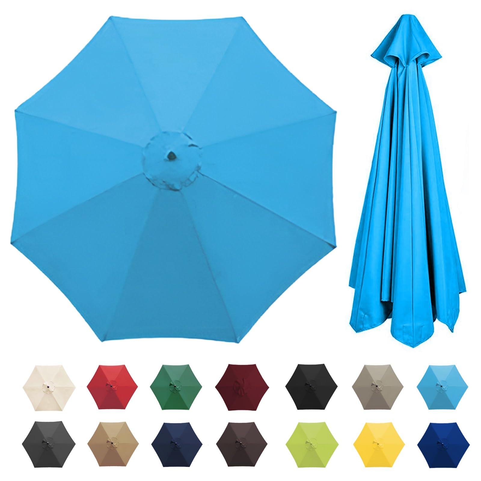IRUGS Universal Umbrella Replacement Cloth, 8 Ribs 3.0M/9.9ft, Lake Blue, Patio Umbrella Cover