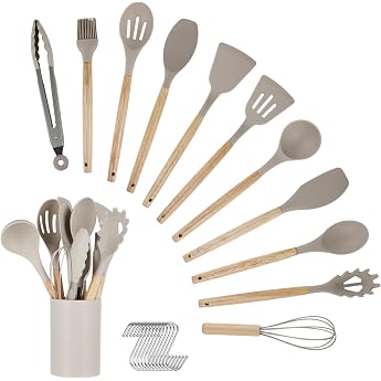 Kitchen Utensil Set - 12-Piece Silicone Kitchen Utensil Set with Cutlery Box - Wooden Handle Kitchen Helper Heat-Resistant Non-Stick & Dishwasher Safe - Kitchen Utensil Khaki