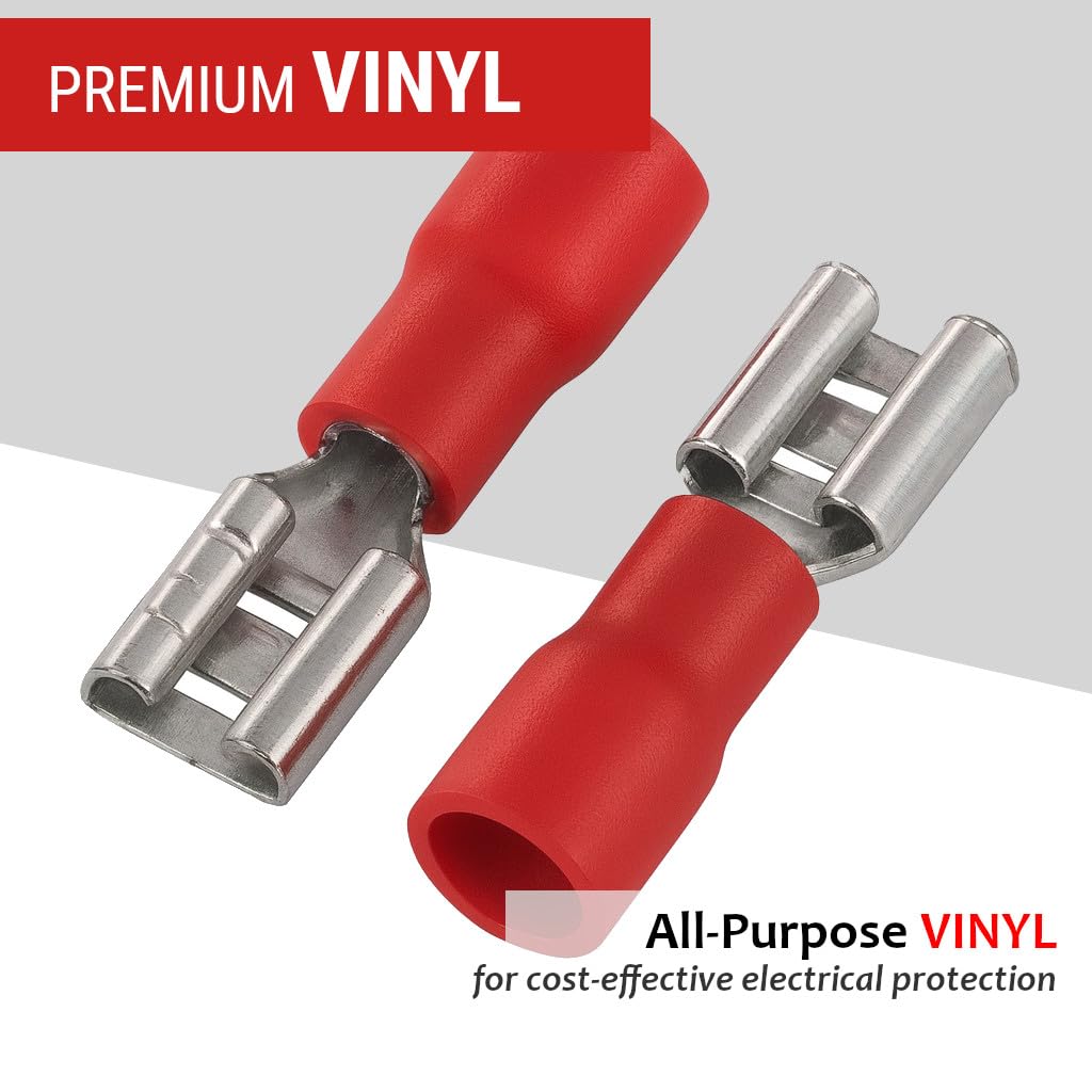 ANGSTROM 1/4" Female Quick Disconnect Spade Terminals, Vinyl Insulated, 100pcs (22-16ga RED)