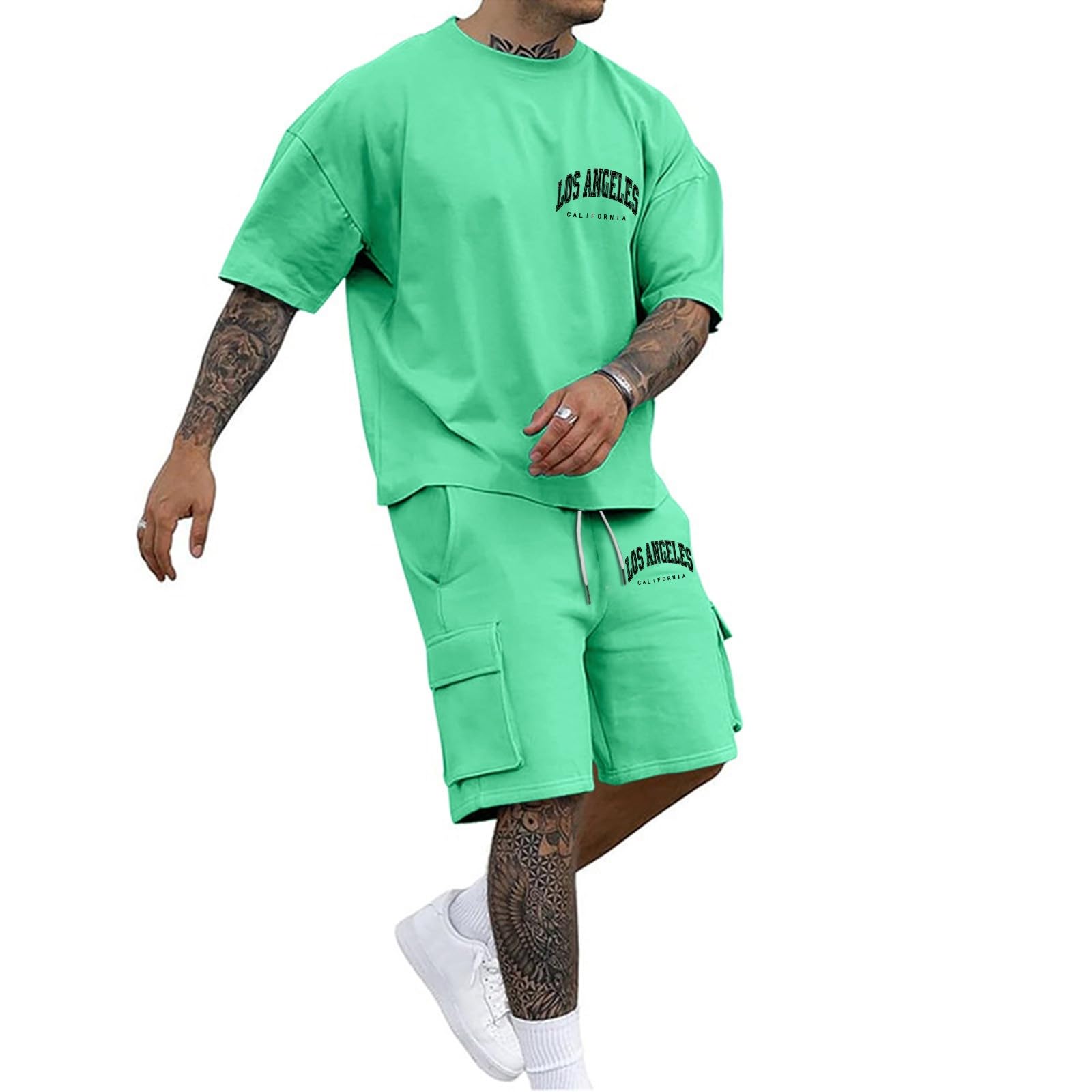 hmbudp Mens Outfits 2 Piece Fashion Casual Men's Short Set Short Sleeve Crewneck Summer T Shirt And Drawstring Track Suits