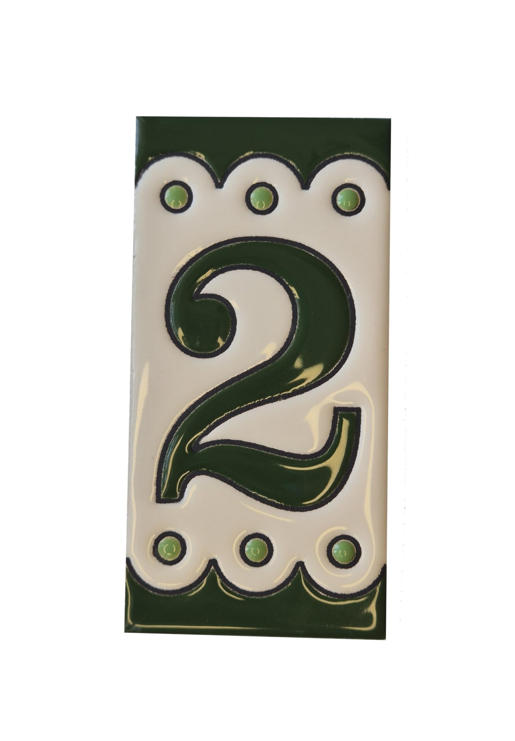 Green M-7 Spanish Hand-painted Ceramic Number Tiles 11 x 5.5 cm or 2.16 x 4.33" (Number 2 tile)