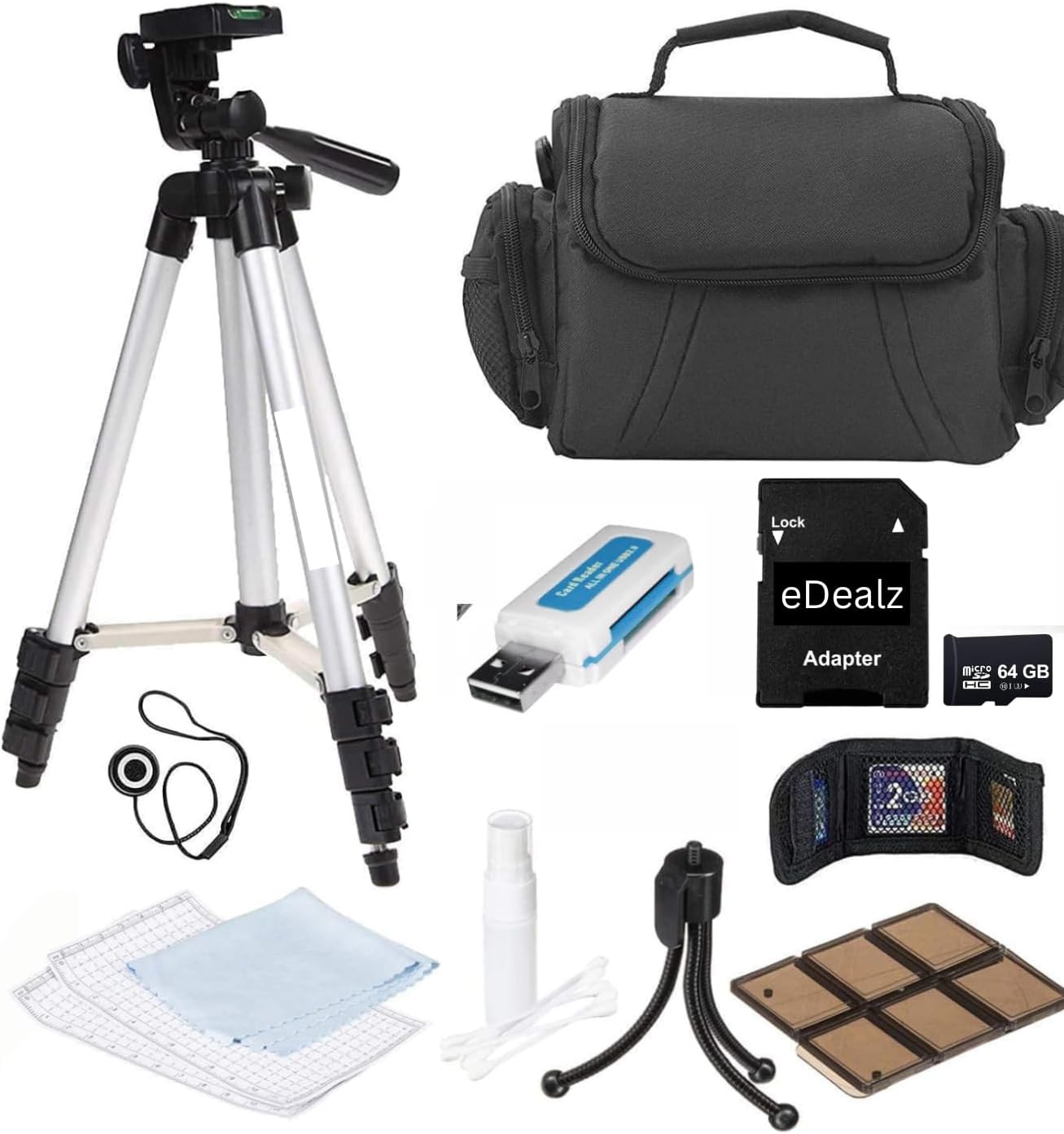 Camera Starter Accessory Kit – 50” Lightweight Tripod & Padded Camera Bag Bundle with 64GB SD Card, Cleaning Kit & Essentials for DSLR Cameras