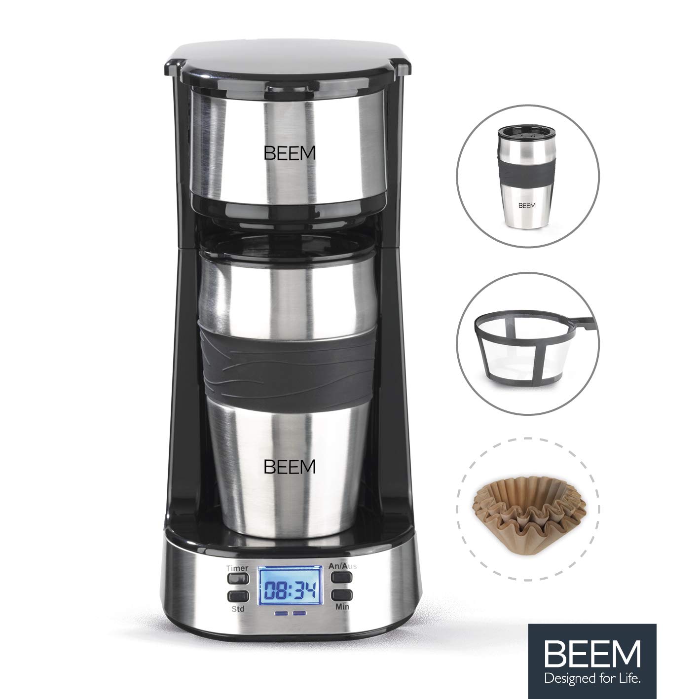 BEEM THERMO 2 GO Single przelewowy ekspres do kawy z kubkiem termicznym 0,4 l | filtr stały | z 24-godzinnym timerem na filiżankę gorącej kawy rano bez czekania | 750 W