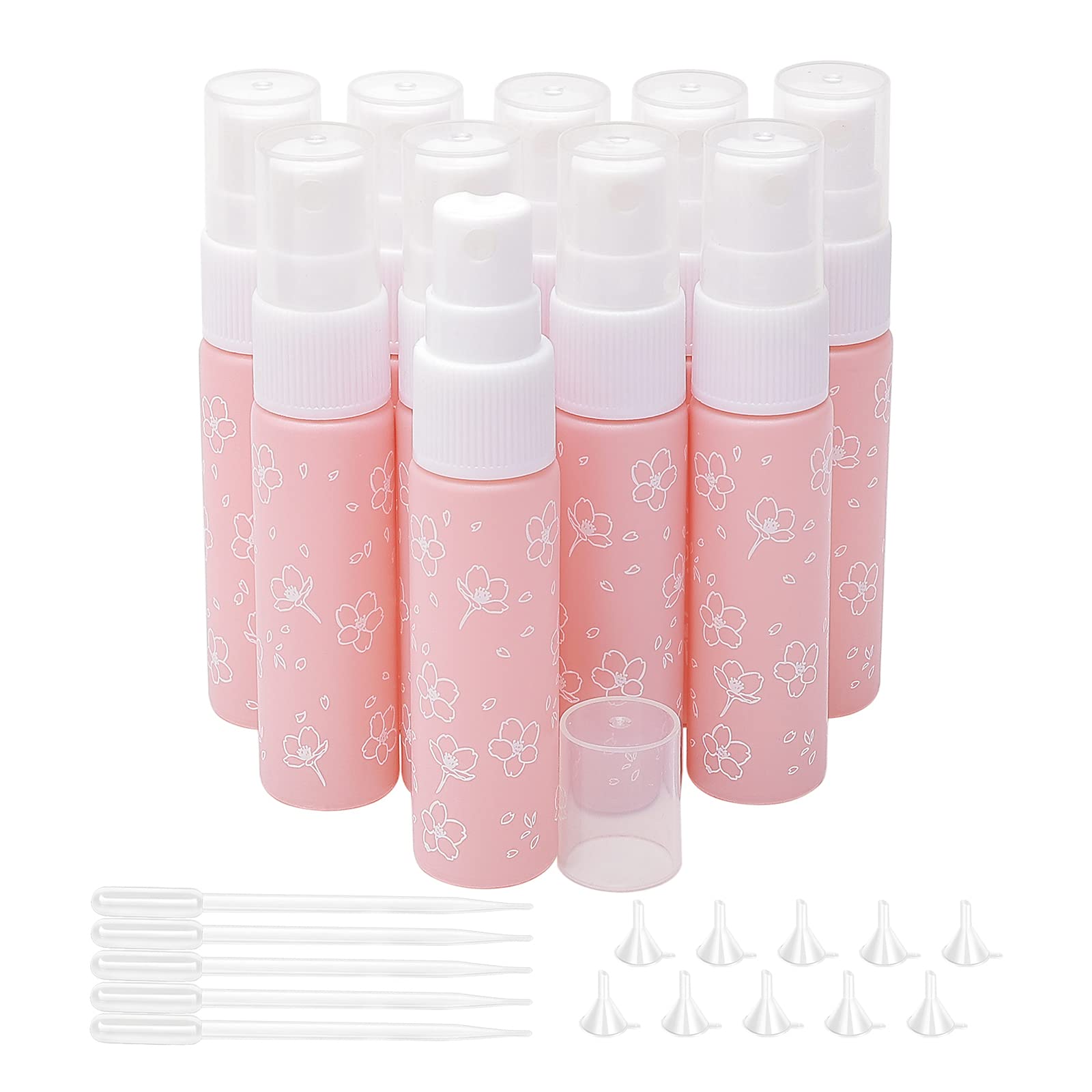 Pxyelec Pink 10Pcs Spray Bottle, 10Ml Refillable Empty Glass Mist Spray Bottles With 10Pcs Funnels And 5Pcs Droppers, Perfect For Dispense Light-Proof Perfume Essential Oil Lotions Toners