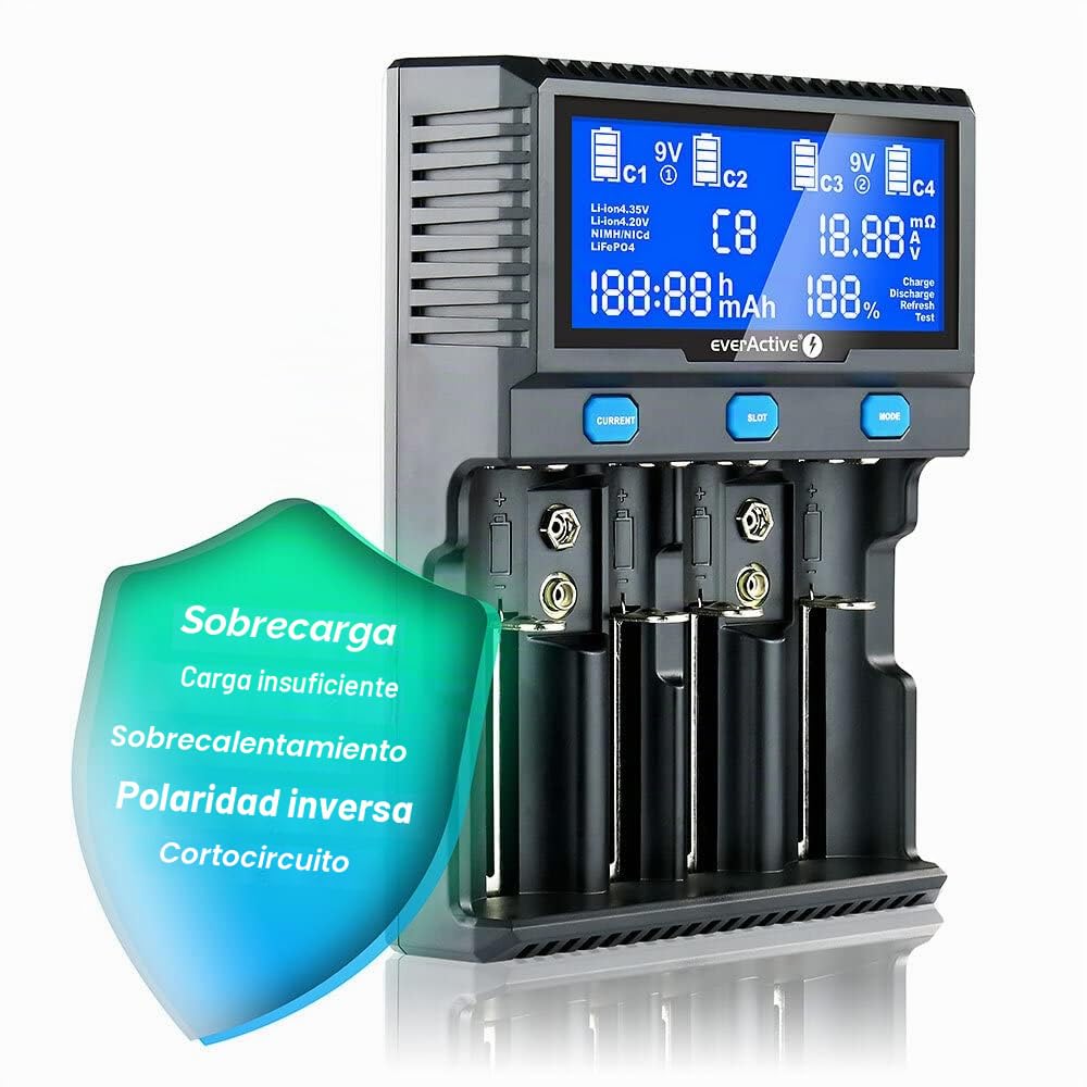 everActive - Cargador de 4 Cilindros (Ion de Litio y NI-MH, Profesional rápido y Universal, Pantalla LCD, Prueba de Capacidad, Modelo UC4200