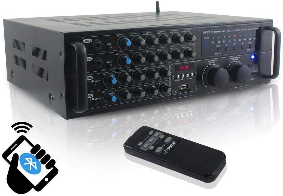 Pyle PMXAKB2000 - 2000 Watts (1000W + 1000W at 4 Ohms) DJ Karaoke Mixer and Amplifier with Built-in Bluetooth - 2 Microphone Inputs with Effects and EQ
