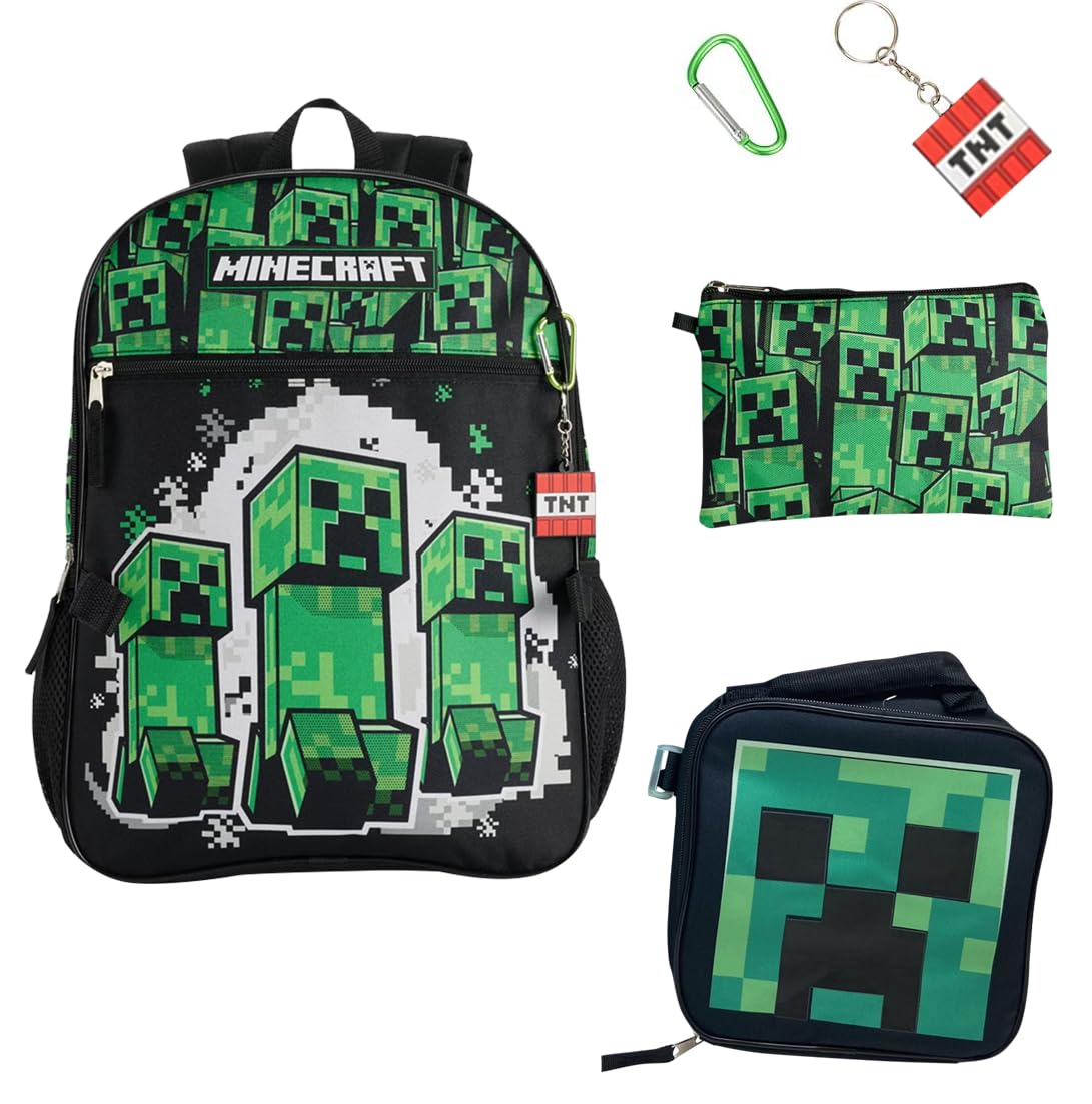Minecraft 5-piece Set: 16” Backpack, Lunchbox, Utility case,Rubber keychain, and Carabiner