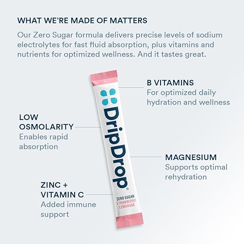 Miniatura 8 de DripDrop Paquetes de Hidratación Sin Azúcar - Zero Limonada de Fresa - Mezcla de Bebida en Polvo de Electrolitos de Porción Individual - Sin OGM,