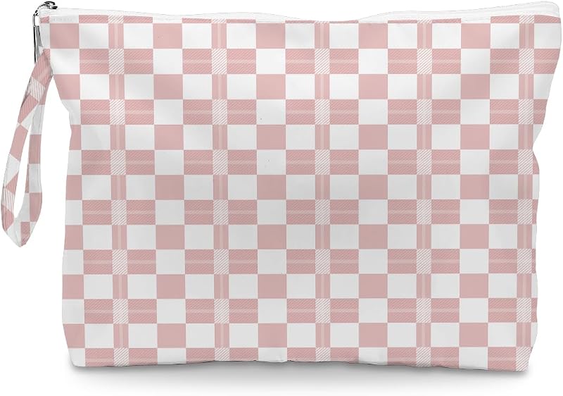 Necessaire IAXIC com zíper, alça superior e tecido xadrez rosa e branco, 1 unidade