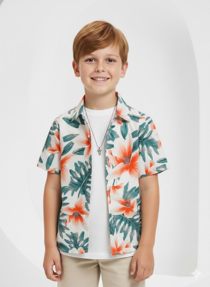 Niren Enterprise Cotton Fabric Casual Half Sleeve Floral Leaf Printed Pattern Kids Boys Shirt White Orange Green Colour 1