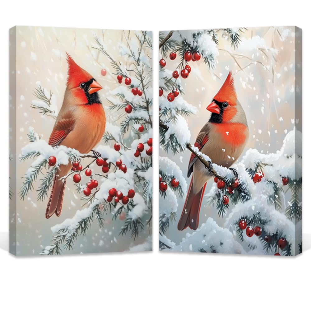 LMYSXAOZ Cardinal Wall Art Set 2 Winter Red Birds Picture for Snow Scene Paintings Christmas Home Decorations Framed(White,16.00"x24.00"x2P)