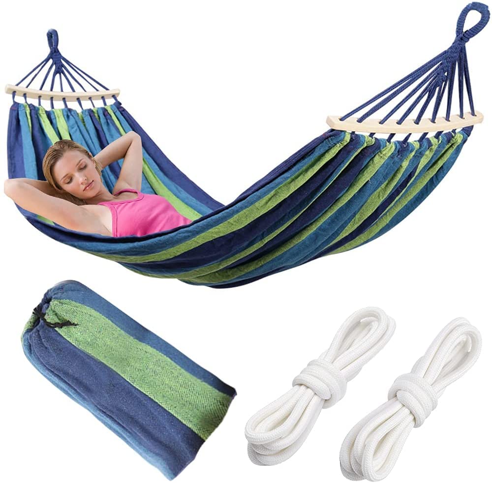 COSKIRA Camping Hammock, Portable Swing Bed Thickened Durable Stripe Canva with Anti Roll Beam Tree Straps Bag for Camping Beach Leisure Garden Backyard Travel