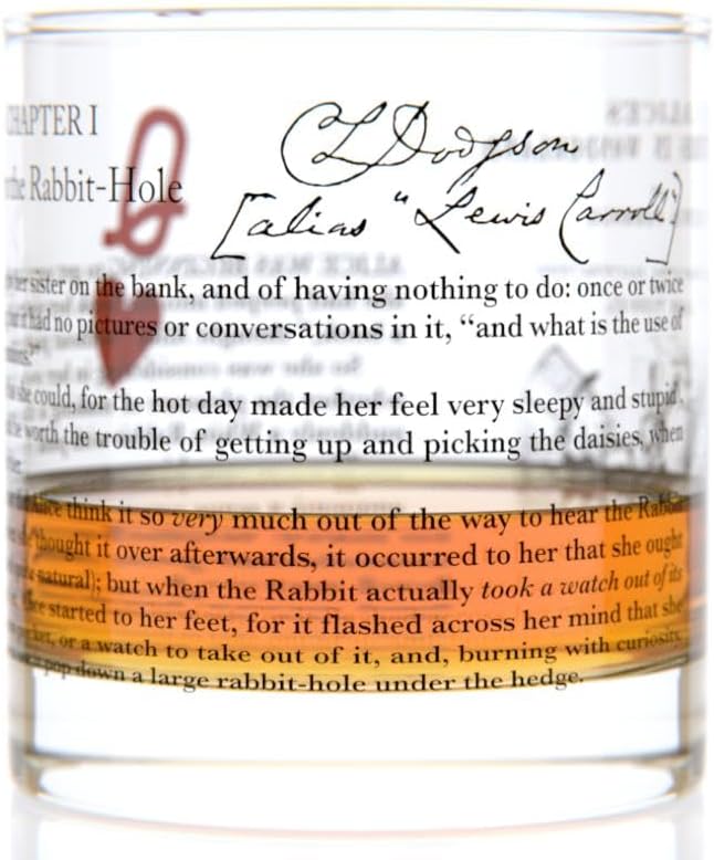 Well Told Classic Literature Rocks Glass Set of 2 - “Alice's Adventures in Wonderland” by Lewis Carroll - Old Fashioned Whiskey Glass Gift for Book Lovers (11 oz)