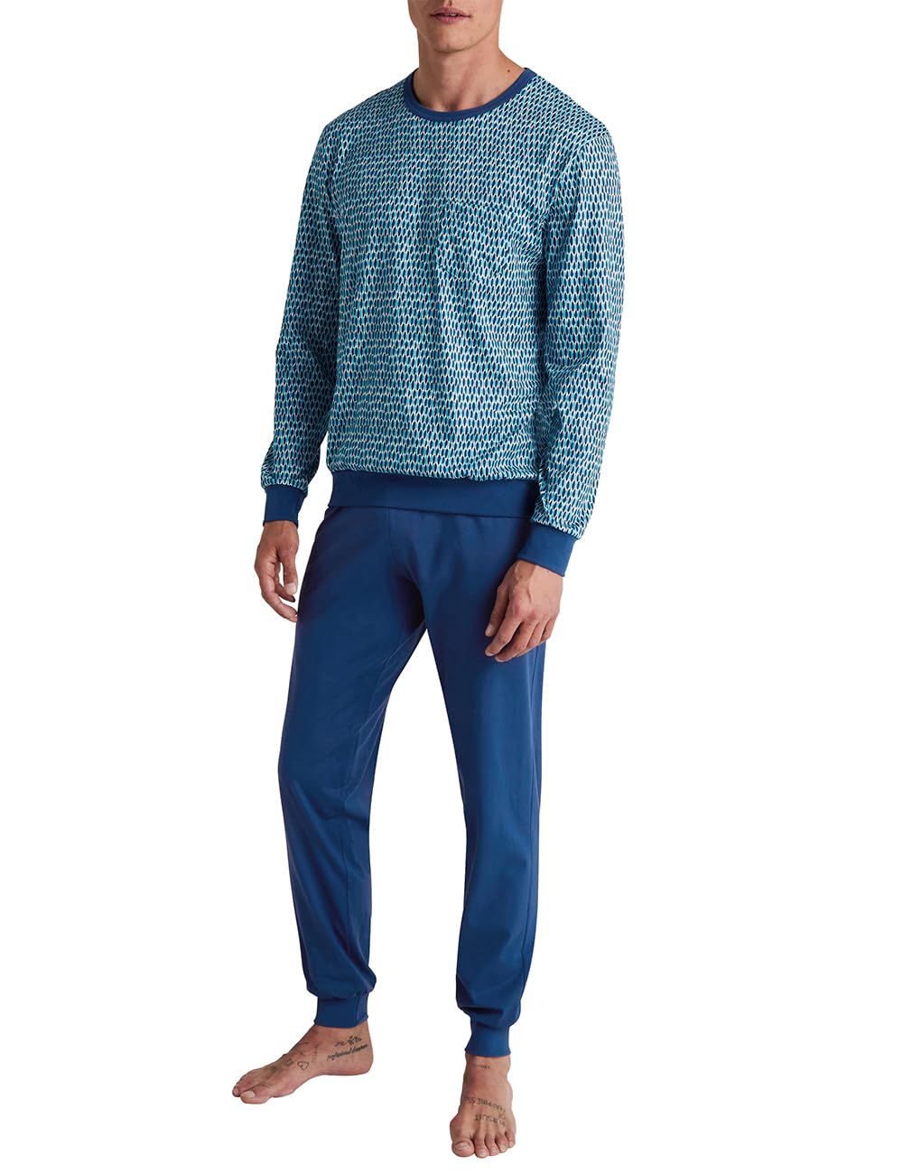 CALIDA Relax Imprint Men's Cuffed Pyjamas 100% Cotton, Pottery Blue, 58-60