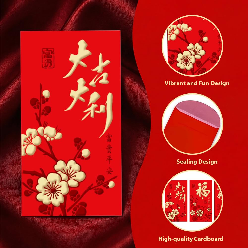 36 Pezzi Rosse per Capodanno Cinese 2026 Portafortuna con Motivo Hong Bao Rilievo