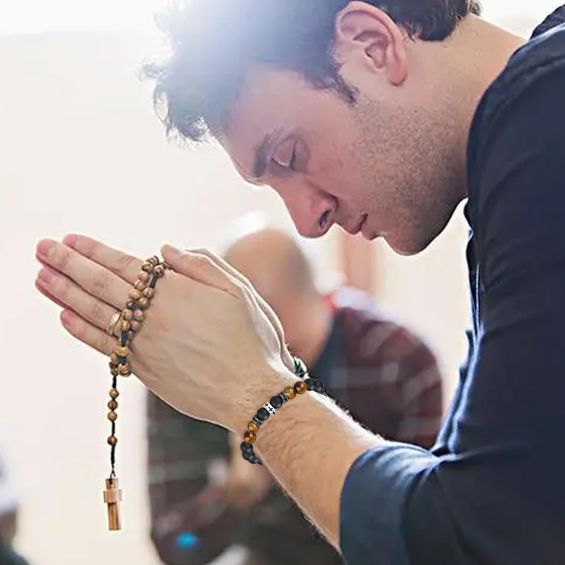 Pulsera cristiana con cuentas de ojo de tigre de 0.315 in Pulsera de cuentas de cruz negra Regalo de joyería para hombres religiosos, Talla única, Piedra, No es una piedra preciosa 3