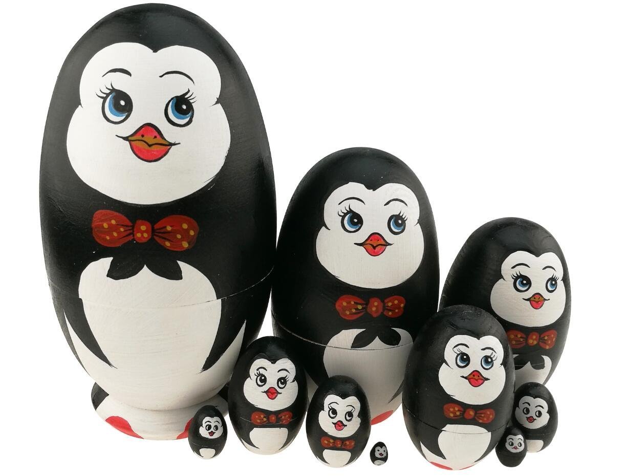 Winterworm Set di 10 bambole matrioska a forma di pinguino a forma di uovo in legno, fatte a mano, giocattolo per bambini, idea regalo