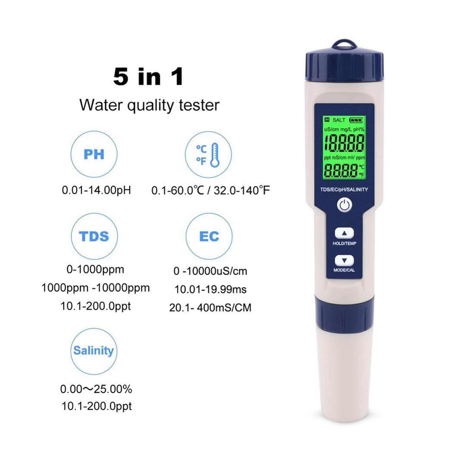 5 in 1 TDS/EC/PH/misuratore di Salinità/Temperatura Digitale Tester Monitoraggio della qualità Acqua for Piscine, Potabile, Acquari Rilevamento Rapido E Preciso(Probe)