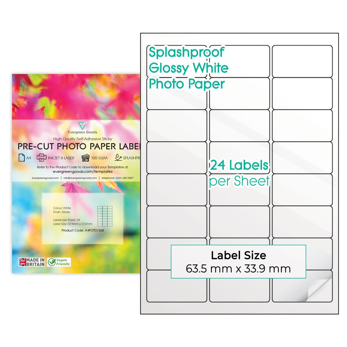 Precut Labels Stickers A4 Sheet (3x8 (24 per Sheet), 20 Sheets) | Glossy White Photo Sticker Paper A4 Labels Splashproof | 9 Label Size Variations | Inkjet & Laser Printable