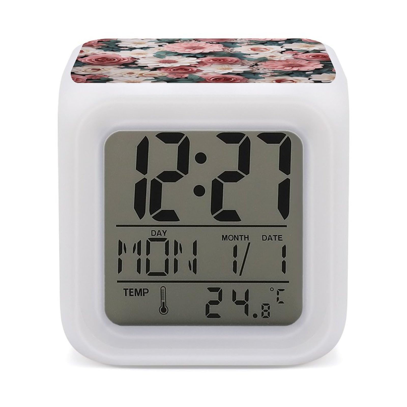 Reloj despertador digital LED multicolor con termómetro y luz nocturna de flores