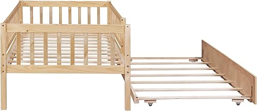 Miniatura 5 de Sofá cama individual con nido, marco de cama infantil de madera tamaño individual con valla, cama nido individual para niñas, niños, cama de