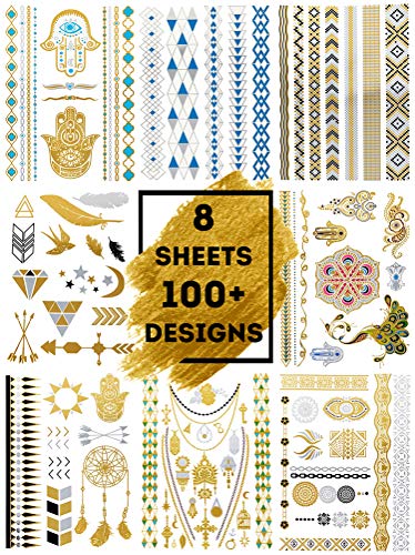 LIMITLESS Metallic Temporary Flash Tattoos - 8 Sheets of 100+ Tattoo Designs - For Teens, Women and Girls - Gold, Silver, Blue and Black Metallic/Shimmery Waterproof Colors!