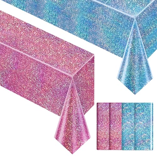 Image of Just Shimmer 4 Pack Pink and Blue Holographic Tablecloths, 2 Pink and 2 Blue, 40 x 108 Iridescent Rectangle Table Covers for Gender Reveal, Baby Shower, Birthday and Mermaid Ocean Party Decorations